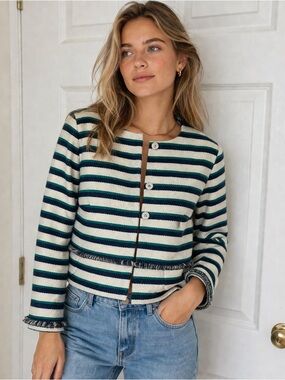 Talbots Striped Cropped Button-Front Cardigan - Cream & Navy size 4